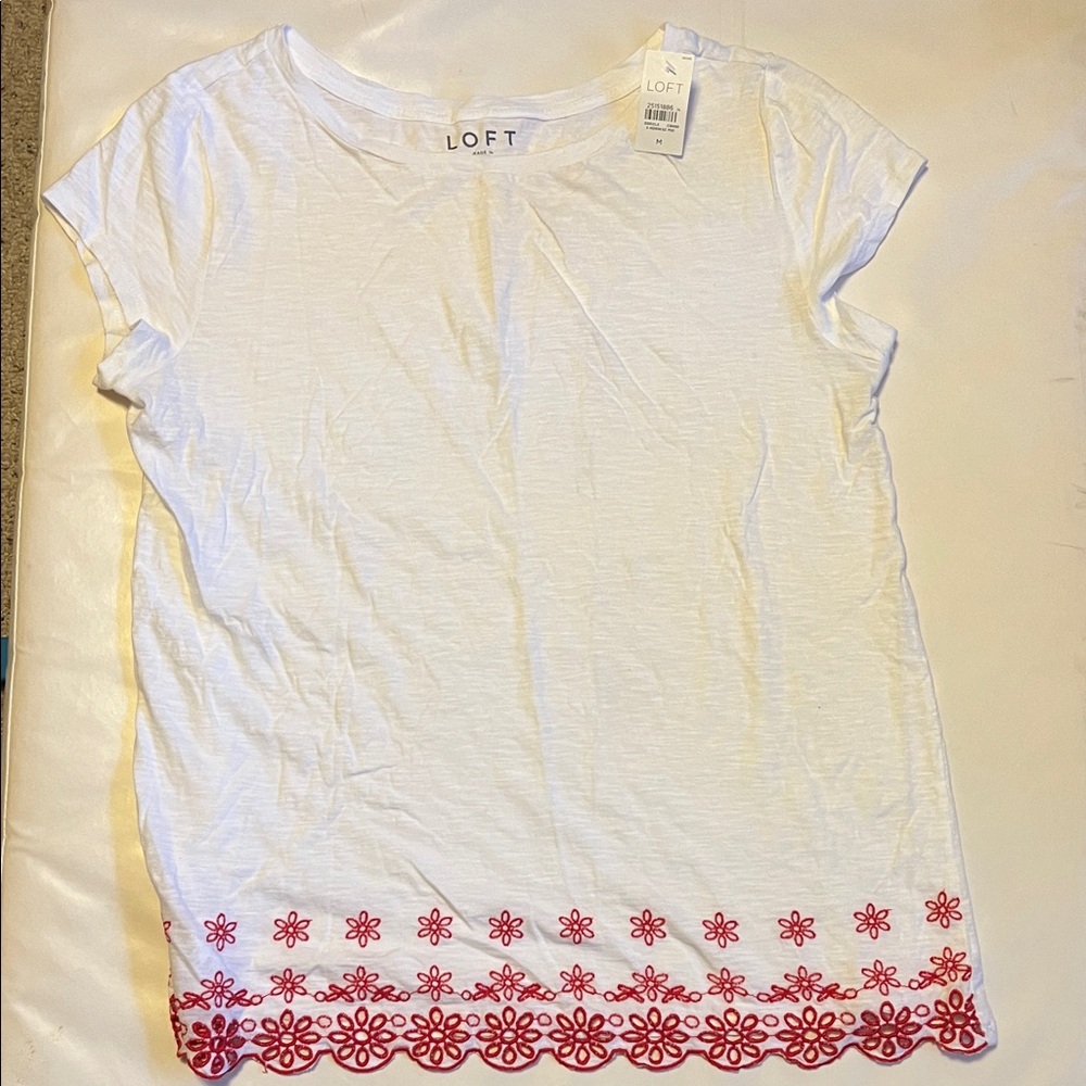LOFT White Tee with Red Floral Embroidery